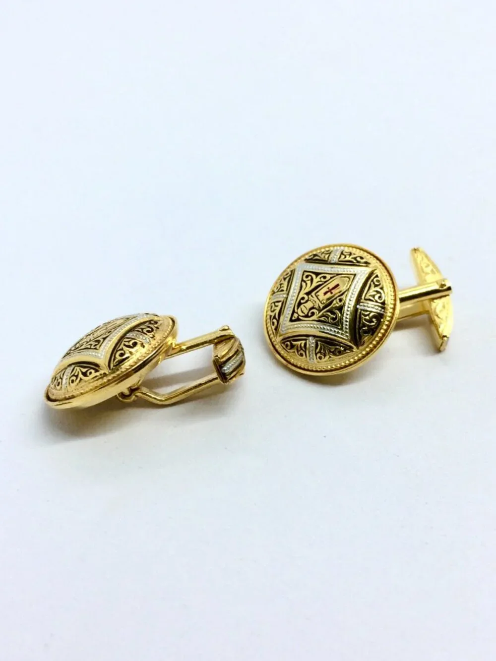 Vintage Gold and Black Shield Motif Cuff Links with Red Accent